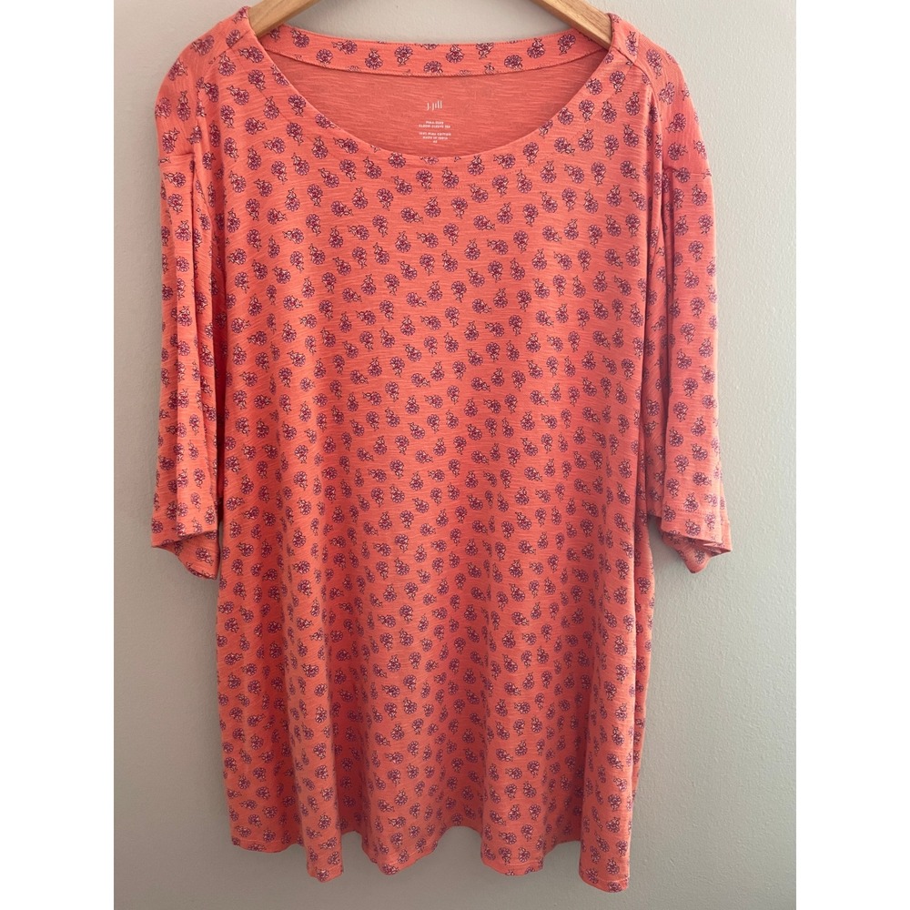 J. Jill Floral Pima Cotton Tunic Tee Womens 4X Slub Elbow Sleeve Coral Draped